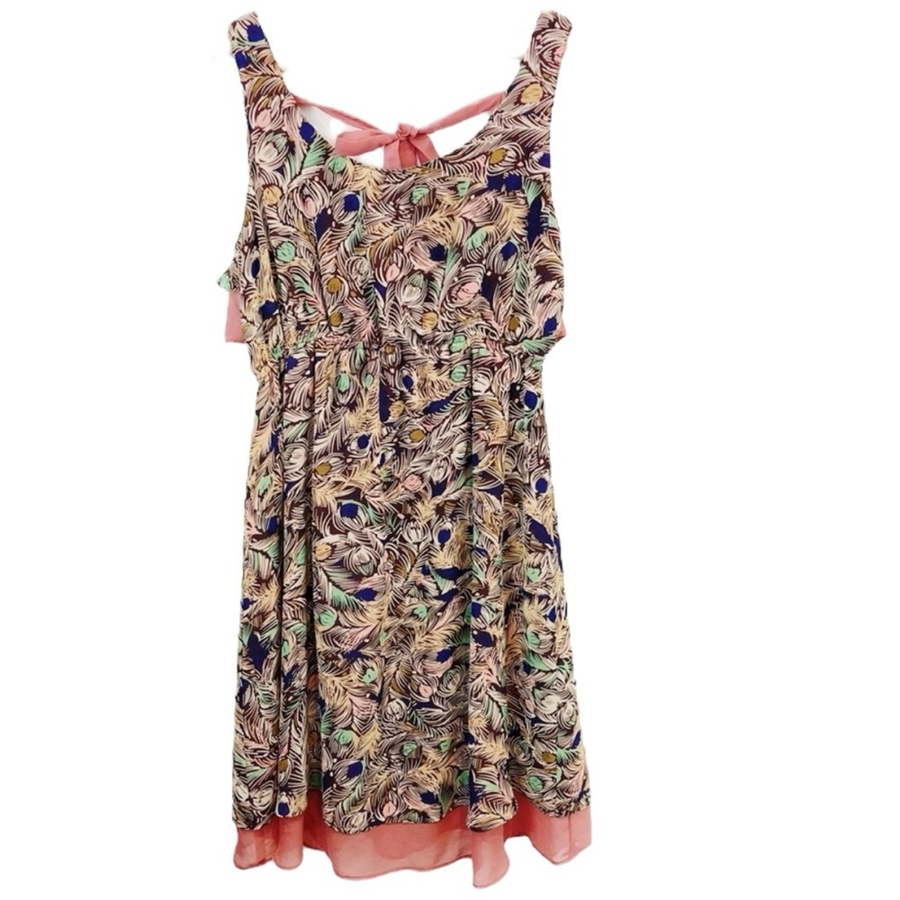 Judith March Peacock Feather Dress Mauve Pink Sleeveless Chiffon Bow Neck